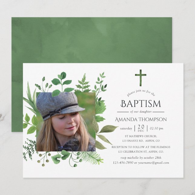 Invitation Forêt de verdure à l'aquarelle baptême ou christen (Devant / Derrière)