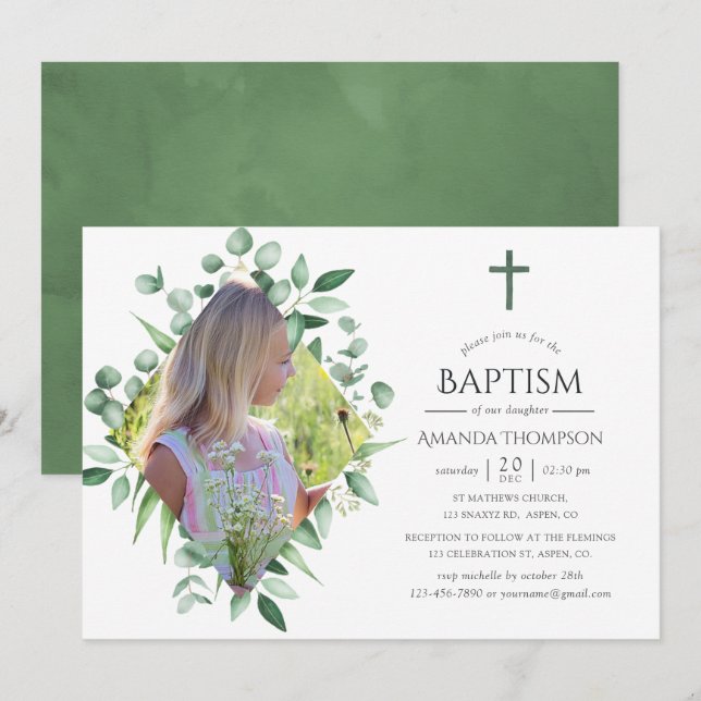Invitation Forêt de verdure à l'aquarelle baptême ou christen (Devant / Derrière)