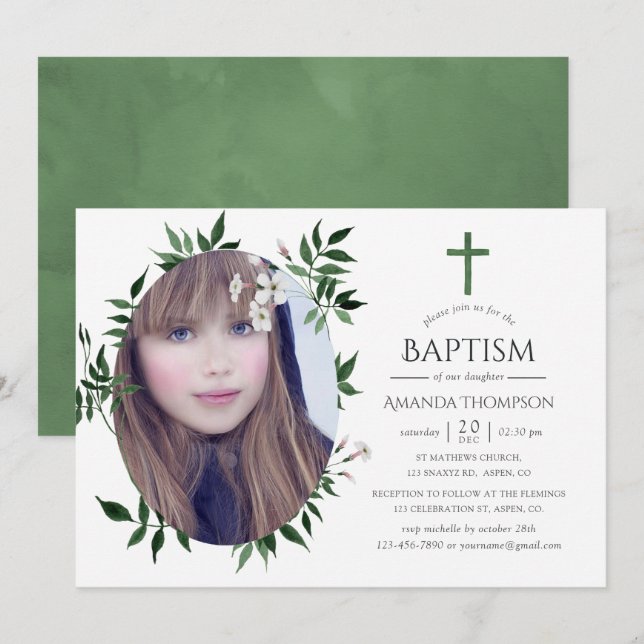 Invitation Forêt de verdure aquarelle baptême ou christening (Devant / Derrière)