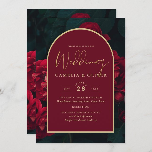 Invitation Forêt des Roses Rouges Vert Mariage d'hiver (Devant / Derrière)