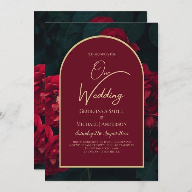 Invitation Forêt des Roses Rouges Vert Mariage d'hiver (Devant / Derrière)