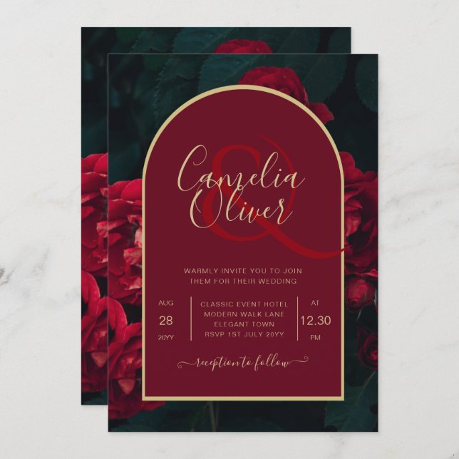 Invitation Forêt des Roses Rouges Vert Mariage d'hiver (Devant / Derrière)