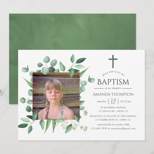 Invitation Forêt d'eucalyptus Baptême ou Christening (Devant / Derrière)