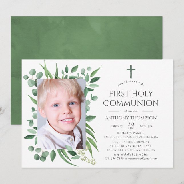 Invitation Forêt d'eucalyptus Première communion solennelle (Devant / Derrière)