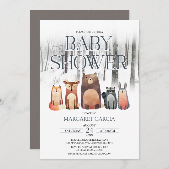 Invitation Forêt d'hiver Baby shower des animaux de forêt (Devant / Derrière)