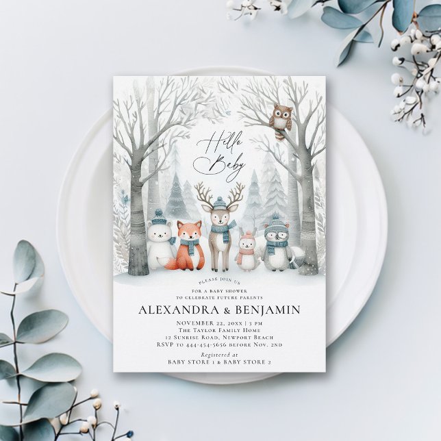 Invitation Forêt d'hiver Baby shower du lit d'animaux des boi (winter baby shower invitation neutral white wonderland enchanted forest woodland animals coed modern)