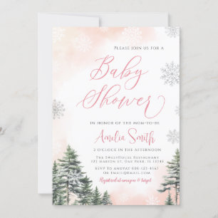 Invitation Forêt d'hiver Baby shower fille rose