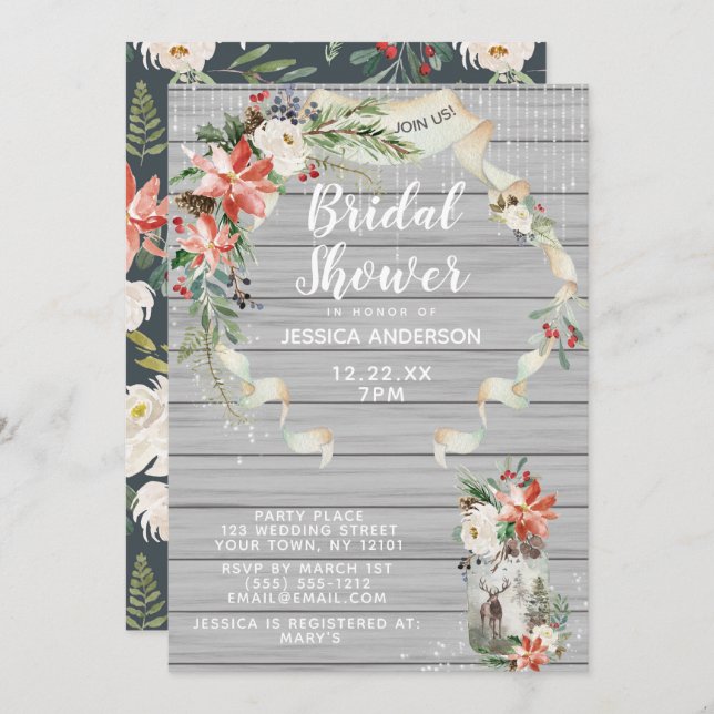 Invitation Forêt d'hiver blanc rustique Fête des mariées flor (Devant / Derrière)