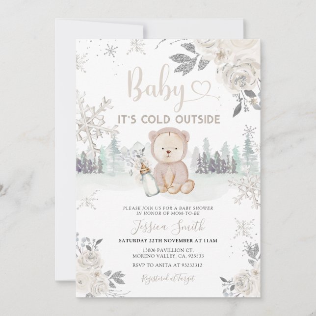 Invitation Forêt d'hiver blanche Il fait froid Baby shower ex (Devant)