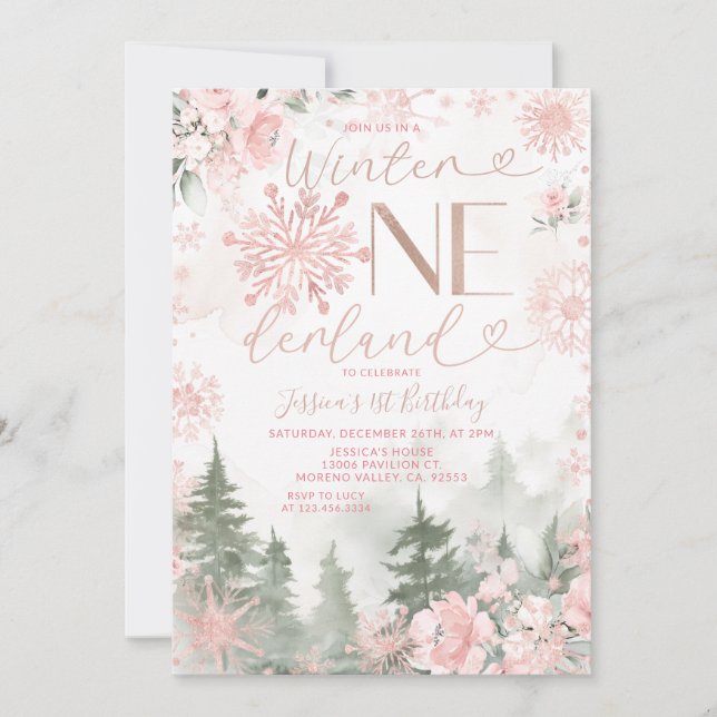 Invitation Forêt d'hiver Onederland Flocon de neige rose Anni (Devant)