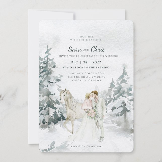 Invitation Forêt d'hiver romantique neige avec mariée et cham (Devant)