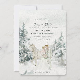 Invitation Forêt d'hiver romantique neige avec mariée et cham
