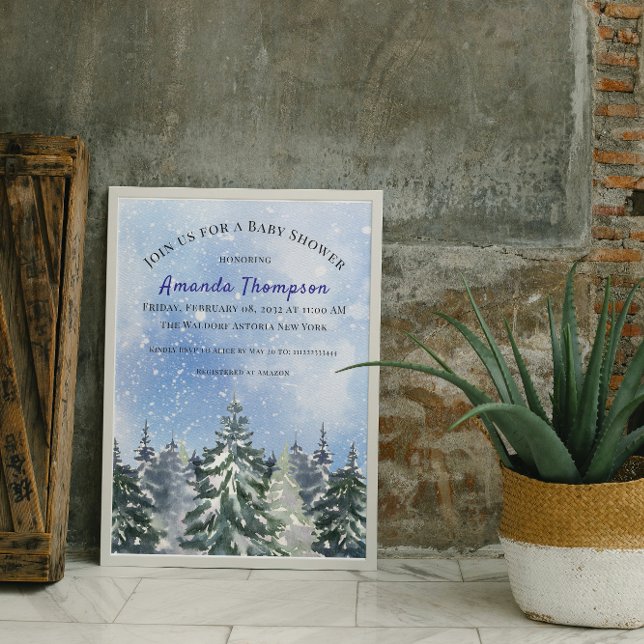Invitation Forêt d'hiver Rustique Aquarelle Bleu Pin Arbre Ga (Créateur téléchargé)