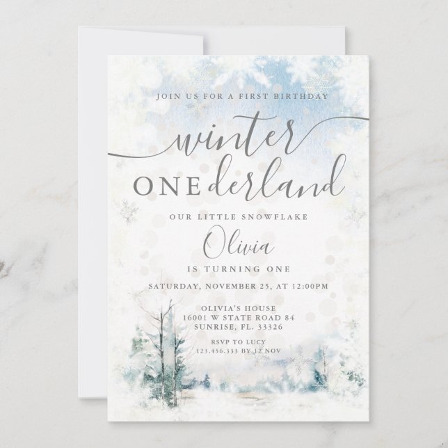 Invitation Forêt d'hiver Snowflakes Onederland 1er anniversai (Devant)