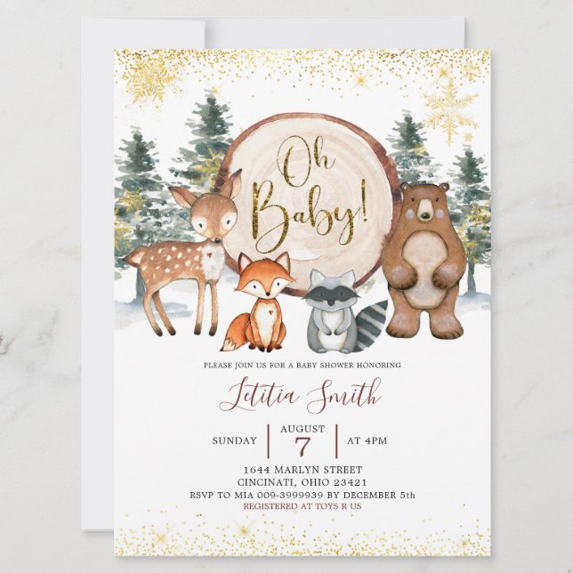 Invitation Forêt d'hiver Woodland Oh Baby Baby shower Invitat (Devant)