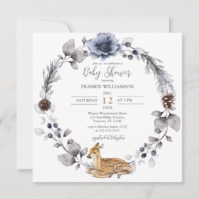 Invitation Forêt d'hiver Wreath Baby shower d'animaux des boi (Devant)
