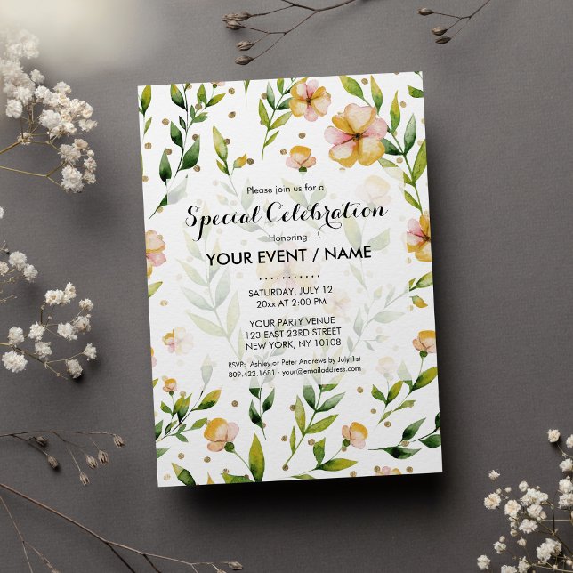 Invitation Forêt dorée vert moutarde jaune floral à pois (Gold forest green mustard yellow floral polka dots)
