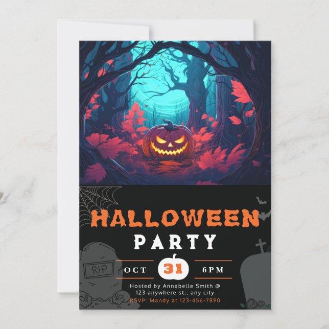 Invitation Forêt effrayante et citrouilles noires Halloween (Devant)