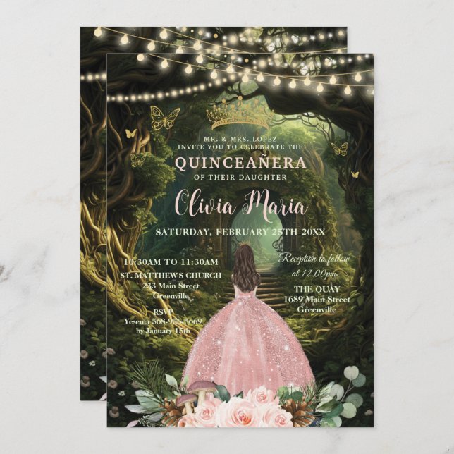 Invitation Forêt enchantée Blush Floral Quinceañera Sweet 16 (Devant / Derrière)
