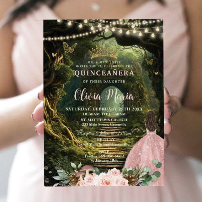 Invitation Forêt enchantée Blush Floral Quinceañera Sweet 16 (Créateur téléchargé)