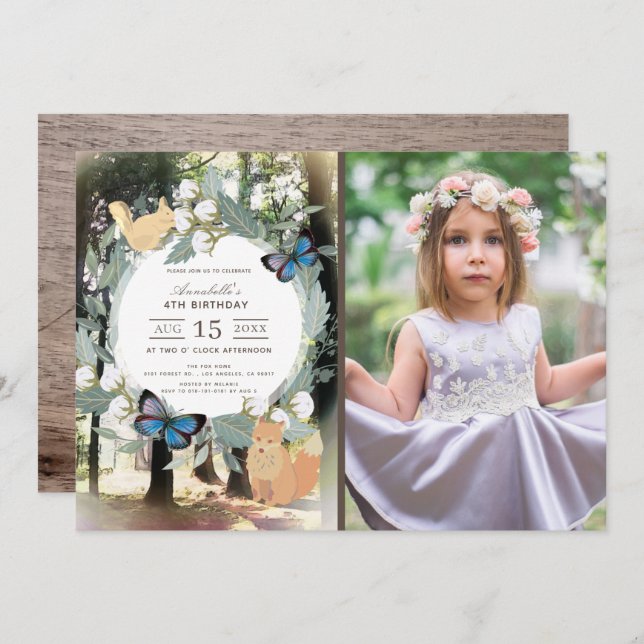 Invitation Forêt enchantée Bois Animaux Photo Anniversaire (Devant / Derrière)