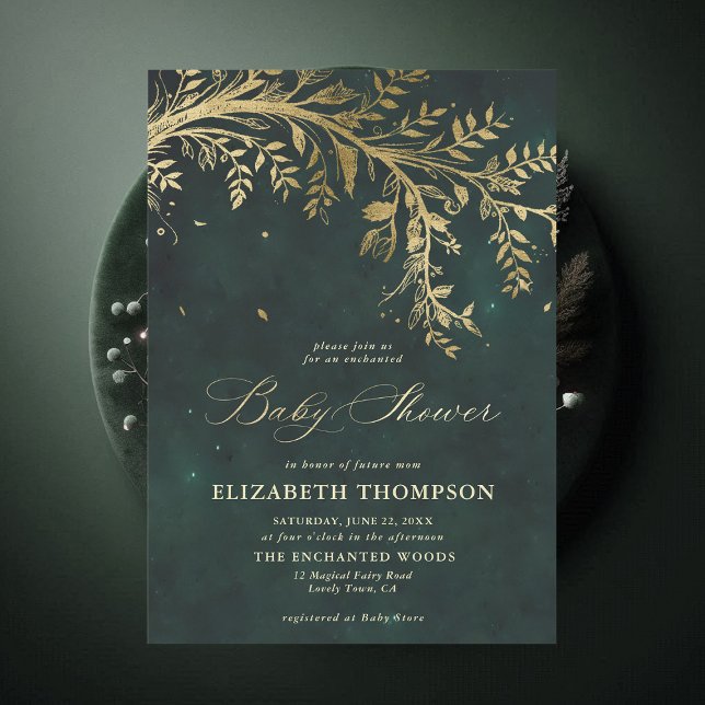 Invitation Forêt enchantée Cascady Baby shower de verdure (Enchanted Forest Emerald Green Greenery Modern Calligraphy Neutral Baby Shower Invitation)