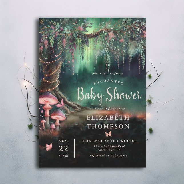 Invitation Forêt Enchantée Champignons de la Forêt de Bois Fê (enchanted forest baby shower theme invitation mushrooms butterflies emerald green pink woodland)