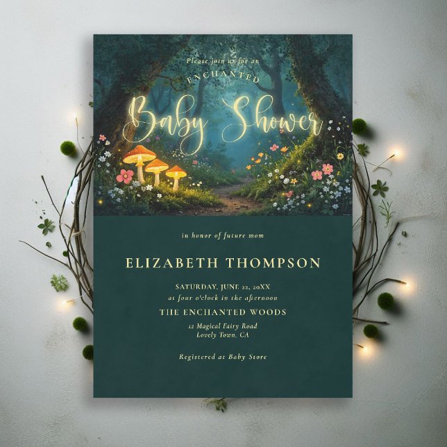 Invitation Forêt Enchantée Champignons Lumineux Script Baby S (enchanted forest baby shower theme invite magical fairy tale mushrooms woodland wildflowers fantasy )