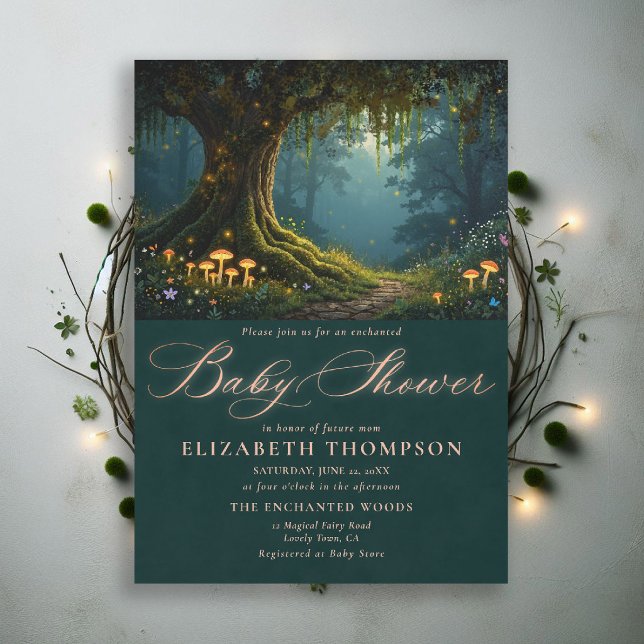 Invitation Forêt Enchantée Champignons Sentier des Bois Baby  (enchanted forest baby shower theme invitation magical fairy tale mushrooms woodland wildflower)
