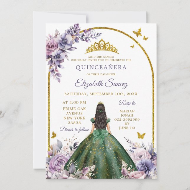 Invitation Forêt enchantée Chasseur pourpre Green Quinceañera (Devant)