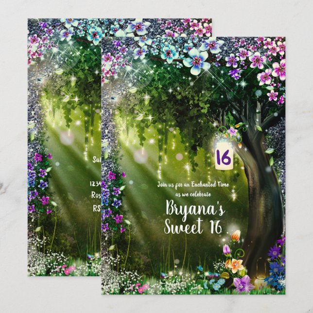 Invitation Forêt enchantée de bois de fantaisie Fleurs Douze  (Devant / Derrière)