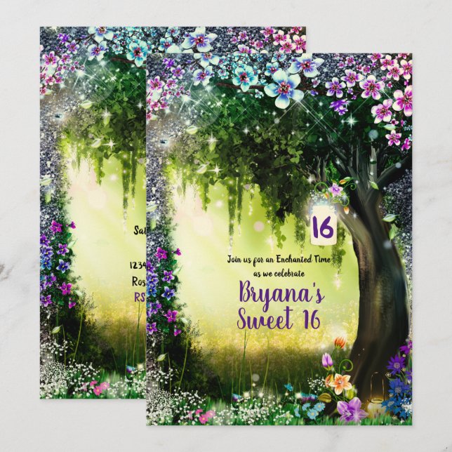 Invitation Forêt Enchantée de Bois Fantastique Douce 16 (Devant / Derrière)