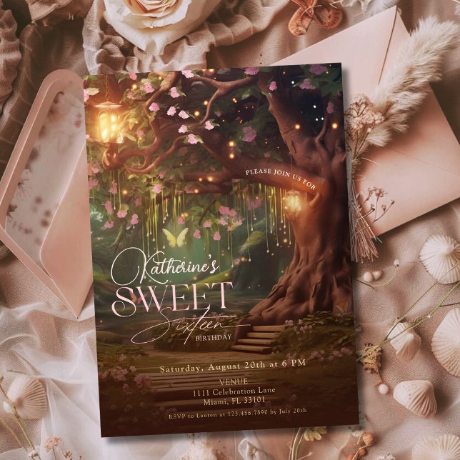 Invitation Forêt Enchantée de Bois Fantastique Lumière Douce  (Fantasy Woodland Enchanted Forest Glow Sweet 16 Invitation)