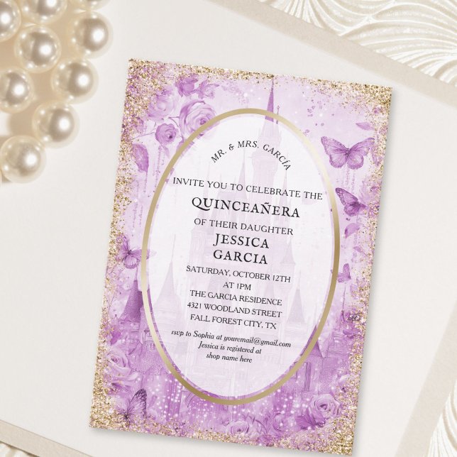 Invitation Forêt enchantée de conte de fées Château Quinceañe (Fairytale Enchanted Forest Castle Quinceañera Invitation)