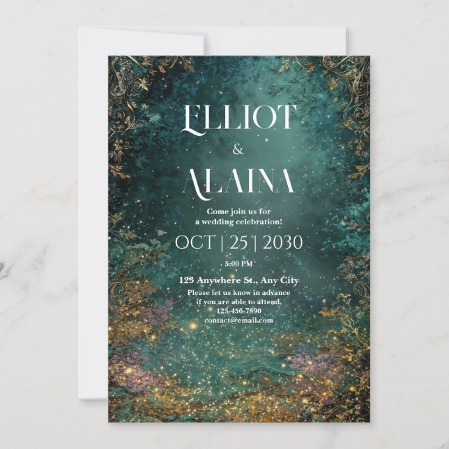 Invitation Forêt Enchantée de Luxe Or Turquoise Mariage Fée (Devant)