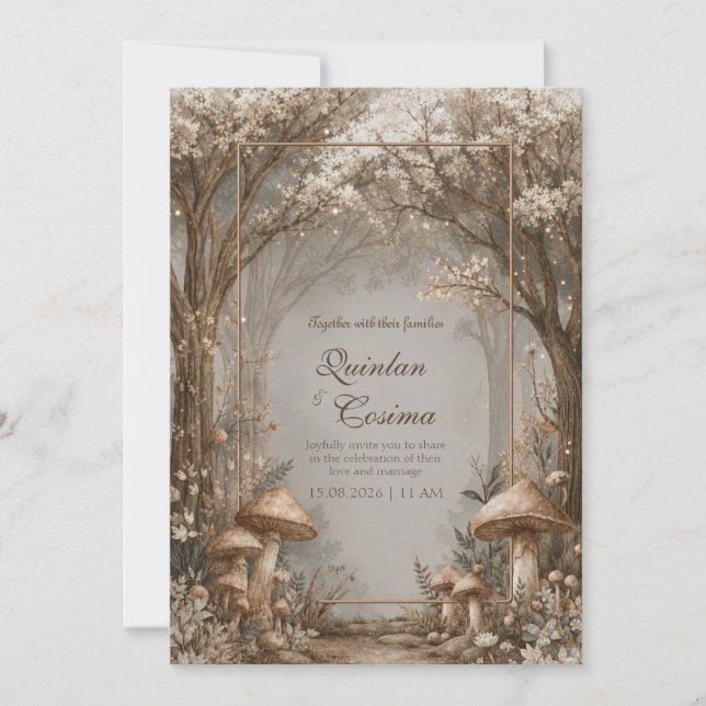 Invitation Forêt Enchantée de Mariage Champignon Bronze Sépia (Devant)