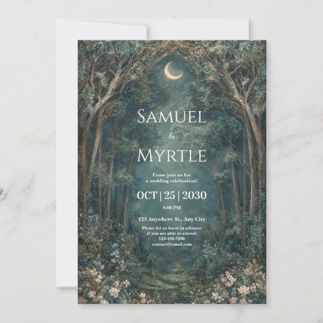 Invitation Forêt Enchantée Dorée Croissant de Lune Bleu Turqu (Devant)