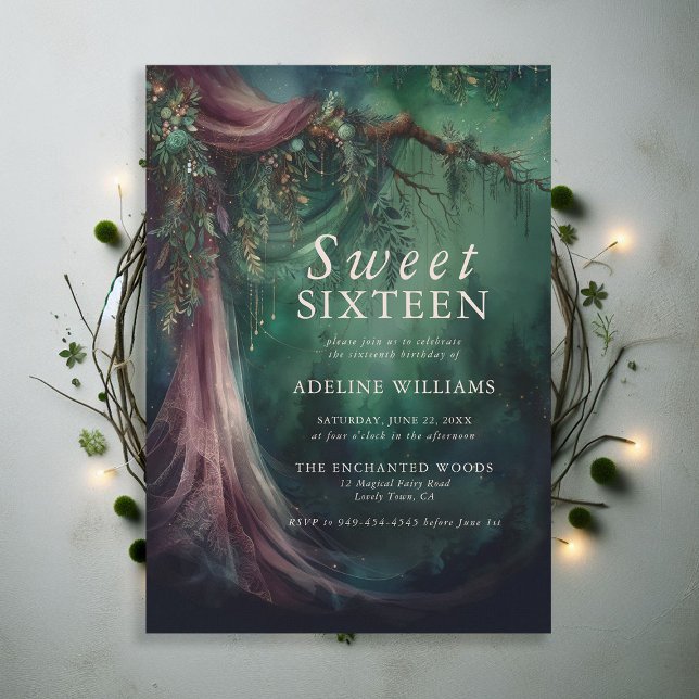 Invitation Forêt enchantée Emerald Mauve Fairytale Sweet 16 (enchanted forest sweet 16 emerald green mauve purple veil woodland fairy tale faerie magic invite)