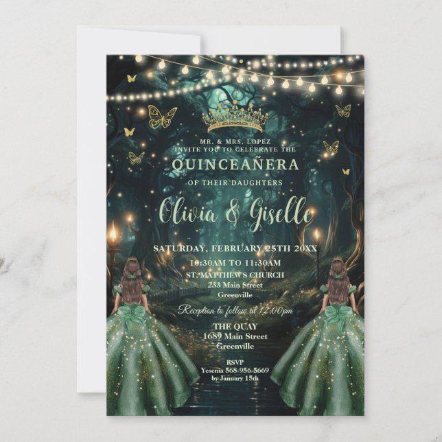 Invitation Forêt enchantée Emeraude Green Twins Quinceañera (Devant)
