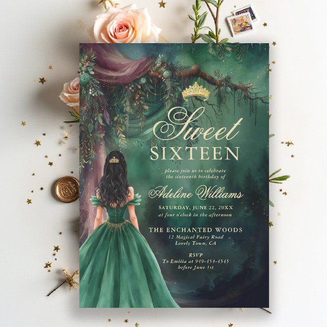 Invitation Forêt Enchantée Émeraude Or Conte de Fée Sweet 16 (enchanted forest sweet 16 sixteen invitation emerald green gold fairytale fairy tale princess script)