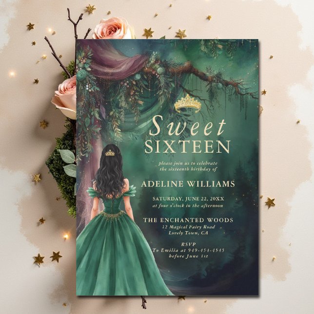 Invitation Forêt Enchantée Émeraude Or Conte de Fée Sweet 16 (enchanted forest sweet 16 sixteen invitation emerald green gold fairytale fairy tale princess woods)