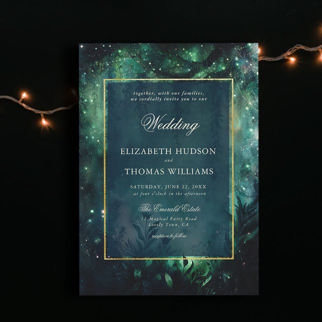 Invitation Forêt Enchantée Faux Gold Frame Mariage élégant (enchanted forest wedding invitation elegant frame faux gold magical fairy greenery garden foliage)