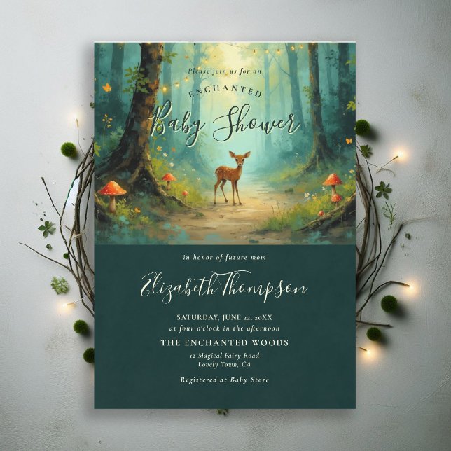 Invitation Forêt Enchantée Fête de Naissance Conte de Fées Ma (enchanted forest baby shower theme invite magical fairy tale mushrooms woodland deer emerald)
