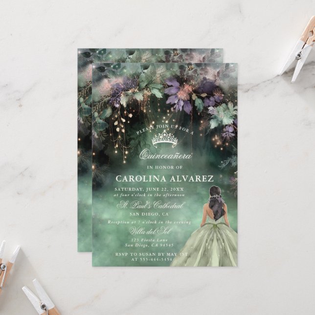 Invitation Forêt Enchantée Lavande Sage Vert Quinceanera (Devant/Arrière en situation)