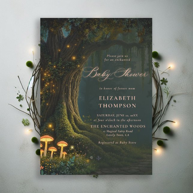 Invitation Forêt Enchantée Lueur des Champignons des Bois Bab (enchanted forest baby shower theme invitation magical fairy tale mushrooms woods moody)
