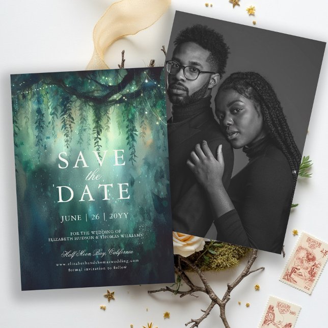Invitation Forêt enchantée Magie photo mariage Enregistrer la (enchanted forest save the date photo wedding emerald green gold fairytale fairy greenery woodland)