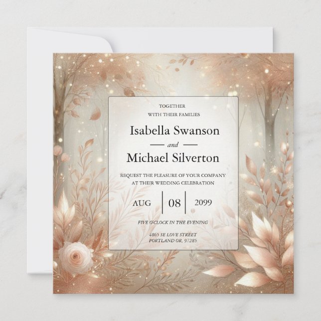 Invitation Forêt Enchantée Mariage Rose Bois Doré (Devant)
