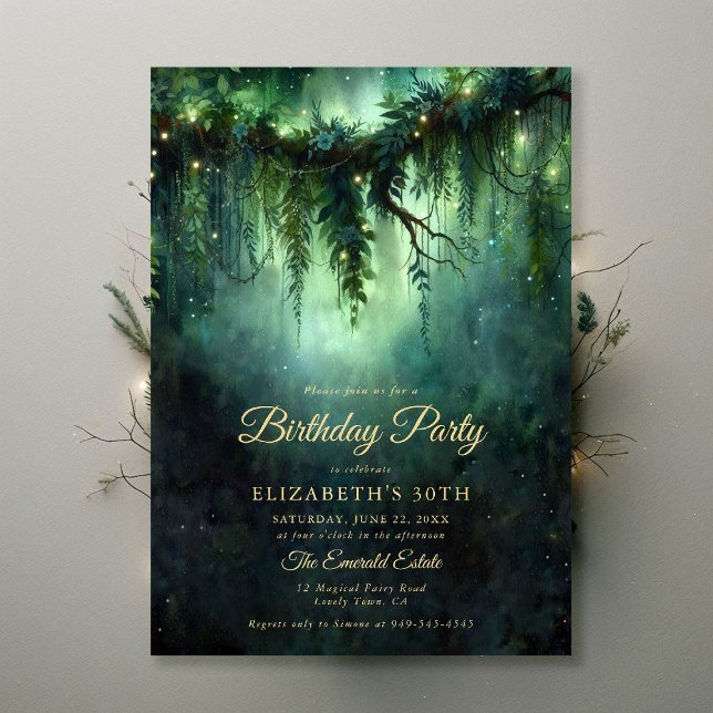 Invitation Forêt enchantée Moody Dark Green Emerald (enchanted forest birthday party invitation emerald green woodland fairy magical garden storybook)
