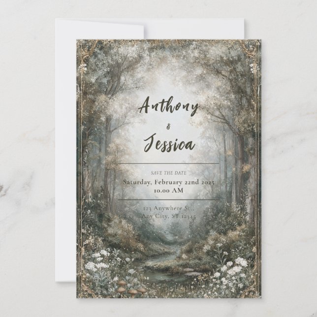 Invitation Forêt Enchantée Ornée d'Or Mariage d'Hiver Blanc (Devant)