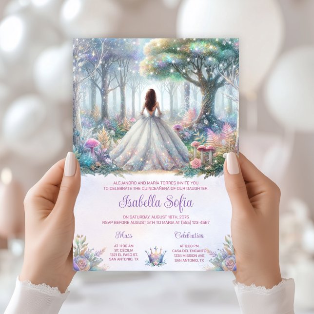 Invitation Forêt Enchantée Pastel Quinceañera (Enchanted forest invitation with beautiful back view. All text can be changed as needed.)